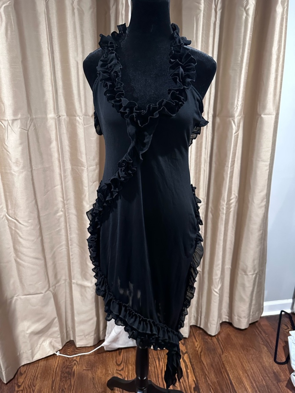 Asymmetrical Black Ruffle Halter Dress